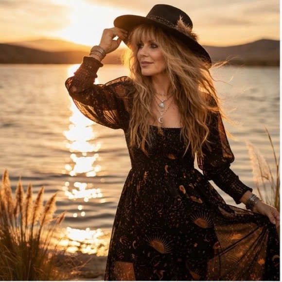 Farm Rio Boho Celestial Print Dress M | Smocked Midi Puff Sleeve Festival Luxe - Picture 3 of 16